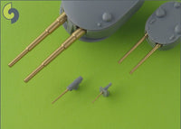 Photo of Master SM-350-059 brass barrel set for 1:350 scale Borodino-class battleship model, featuring turned brass barrels for 305mm, 152mm, 75mm, and 47mm guns.