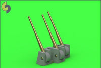 Photo of 1:350 scale HMS Belfast metal barrels set, including aluminum and brass 6-inch and 4-inch barrels with resin correction parts.