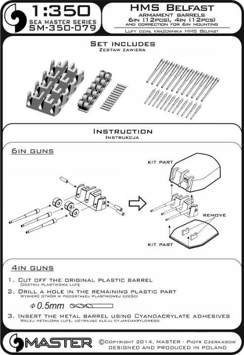 Photo of 1:350 scale HMS Belfast metal barrels set, including aluminum and brass 6-inch and 4-inch barrels with resin correction parts.