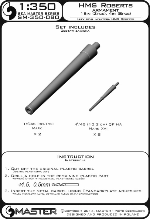 Photo of metal barrels for HMS Roberts 1:350 scale by Master, including 15-inch and 4-inch brass and aluminum barrels for realistic model detailing.