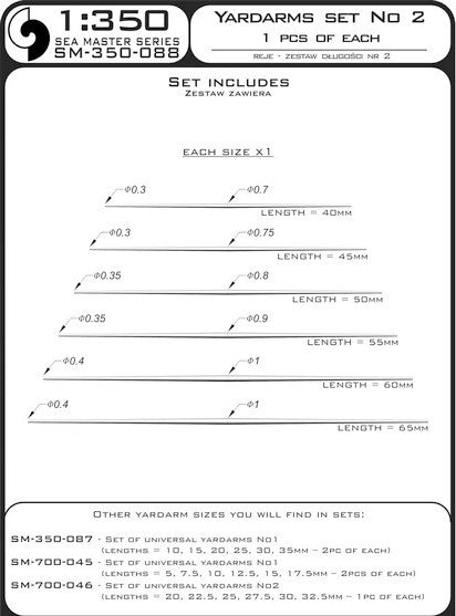 Photo of Metal Yardarm Set No. 2 (Master SM-350-088) featuring six brass parts in sizes 40mm, 45mm, 50mm, 55mm, 60mm, and 65mm.