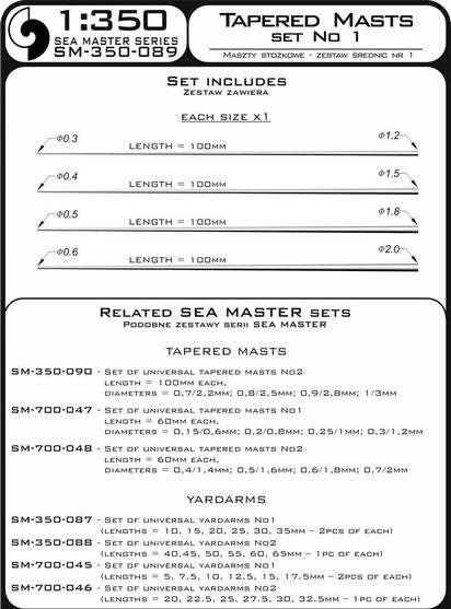 Photo of Metal Universal Tapered Masts Set No. 1 (100mm each, brass, by Master SM-350-089) for ship models and scale modeling projects.