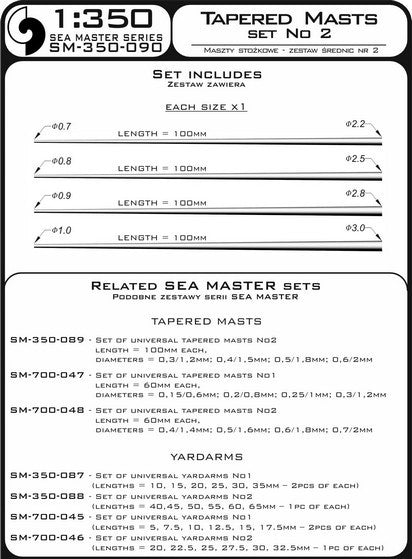 Photo of Universal Tapered Brass Masts Set No.1 by Master (SM-350-090), including four turned brass masts with tapered diameters.