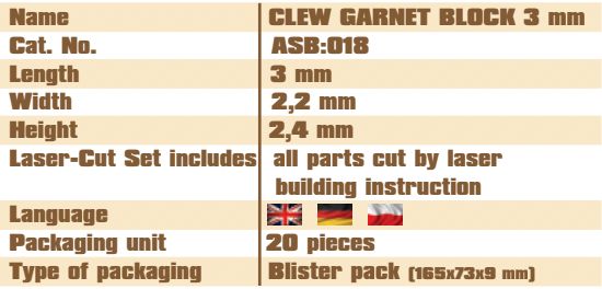 Image of Shipyard's Clew Garnet Card Block 3mm Kit, showcasing the intricate components for self-assembly, ideal for detailed rigging on model ships.