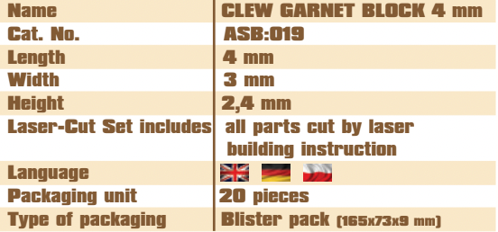 Photo of Shipyard's Clew Garnet Card Block 4mm, showcasing a precision-crafted, self-assembly block for detailed rigging in model shipbuilding.