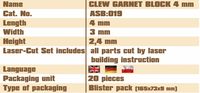 Photo of Shipyard's Clew Garnet Card Block 4mm, showcasing a precision-crafted, self-assembly block for detailed rigging in model shipbuilding.