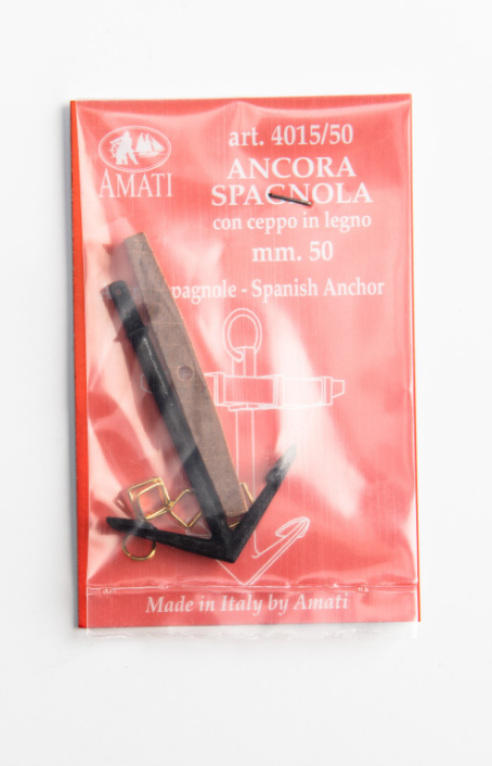 Image of Amati's 50mm Spanish Style Anchor, featuring a detailed and authentic miniature replica of a traditional Spanish naval anchor, perfect for adding historical accuracy and intricate detail to model ships and nautical dioramas.