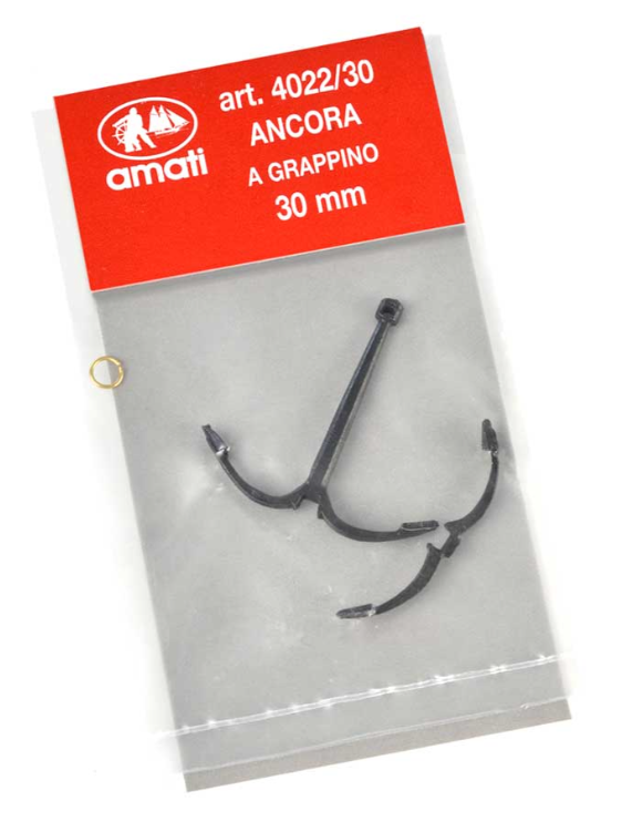 Image of Amati's 30mm Grapnel Anchor, depicting a precisely crafted miniature with a traditional grapnel design, suitable for adding detailed and authentic naval elements to model ships and nautical dioramas.