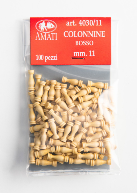 Image of Amati B4030,11 Boxwood Stanchions, showing 11mm high-quality miniature wooden stanchions, perfect for detailed enhancements in model shipbuilding and maritime dioramas.