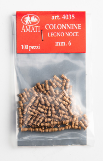 Image of Amati B4035,06 Walnut Stanchions, displaying a set of finely crafted 6mm walnut miniature stanchions, ideal for adding detailed and elegant structural elements to model ships and nautical dioramas.