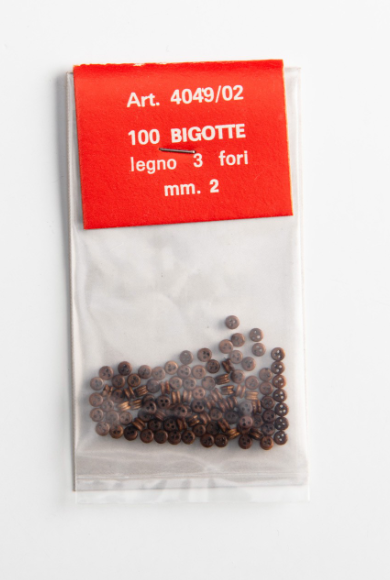 Image of Amati B4049,02 Walnut Deadeyes in 2mm, showcasing a set of 20 finely crafted miniature deadeyes made of walnut, ideal for adding intricate and authentic rigging details to scale model ships.