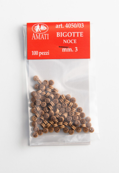 Image of Amati B4049,03 Walnut Deadeyes in 3mm, showcasing a set of finely crafted, rich-colored walnut miniature deadeyes, perfect for detailed rigging in model shipbuilding.