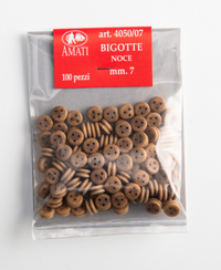 Image of Amati's B4049,07 7mm Walnut Deadeyes, showcasing a set of finely crafted walnut miniature deadeyes, ideal for adding realistic and historical rigging details to model ships.