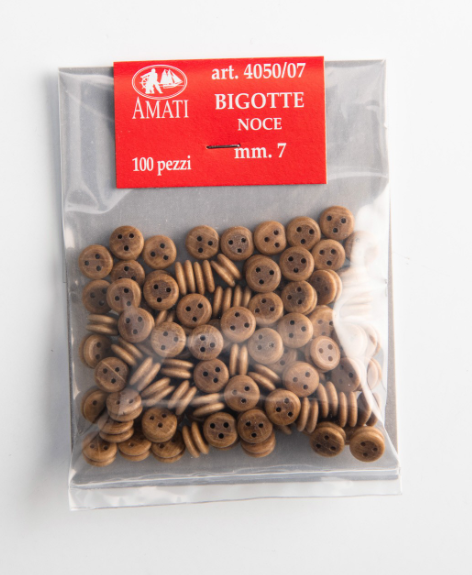 Image of Amati's B4049,07 7mm Walnut Deadeyes, showcasing a set of finely crafted walnut miniature deadeyes, ideal for adding realistic and historical rigging details to model ships.