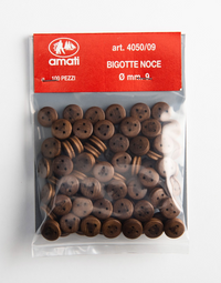 Image of Amati's 9mm Walnut Deadeyes, catalog number B4049,09, showing a set of finely crafted walnut deadeyes, essential for adding realistic rigging detail to historical model ships and maritime dioramas.