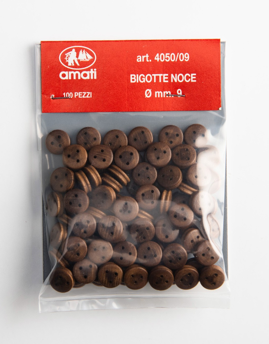 Image of Amati's 9mm Walnut Deadeyes, catalog number B4049,09, showing a set of finely crafted walnut deadeyes, essential for adding realistic rigging detail to historical model ships and maritime dioramas.