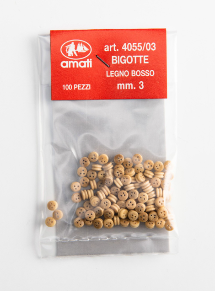 Image of Amati Boxwood Deadeyes in 3mm, showing a set of finely crafted miniature deadeyes for model ship rigging, perfect for adding detailed and historically accurate elements to scale naval models.