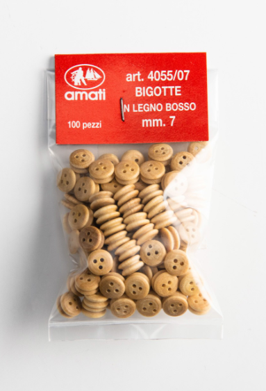 Image of Amati B4055,07 Boxwood Deadeyes, featuring 20 precisely crafted 7mm deadeyes made of high-quality boxwood, ideal for enhancing the rigging detail on scale model ships.