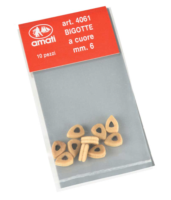 Image of Amati B4061 6mm Closed Heart Deadeyes, showing a set of 20 precisely crafted miniature rigging components, ideal for adding intricate and authentic details to model ship rigging.