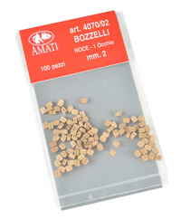"Image of Amati B4070,02 2mm Single Blocks, displaying small, finely crafted wooden pulley blocks used in detailed model ship rigging, essential for authentic miniature scale modeling.