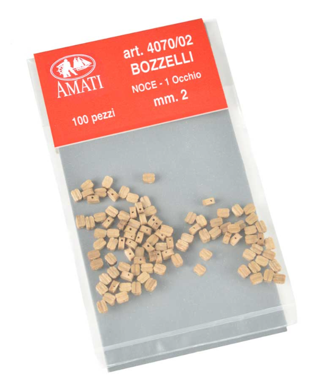 "Image of Amati B4070,02 2mm Single Blocks, displaying small, finely crafted wooden pulley blocks used in detailed model ship rigging, essential for authentic miniature scale modeling.