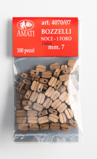 Image of Amati B4070,07 7mm Walnut Single Blocks, showing 20 detailed blocks ideal for realistic and sophisticated model ship rigging.