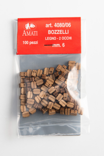 Image of Amati B4080,06 6mm Walnut Double Blocks, featuring 20 finely crafted walnut blocks for complex and detailed model ship rigging.