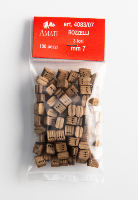 Photo of Amati B4083,07 7mm Walnut Triple Blocks, showcasing 20 intricately designed pieces for detailed and authentic rigging in model shipbuilding.