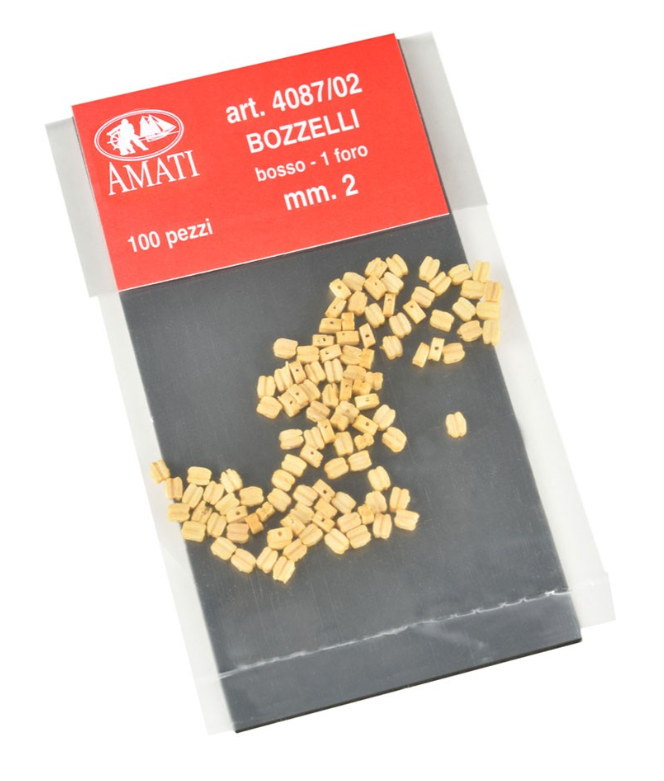 Image of Amati B4087,02 2mm Boxwood Blocks, showcasing 20 high-quality, finely crafted miniature blocks ideal for detailed model shipbuilding and rigging.