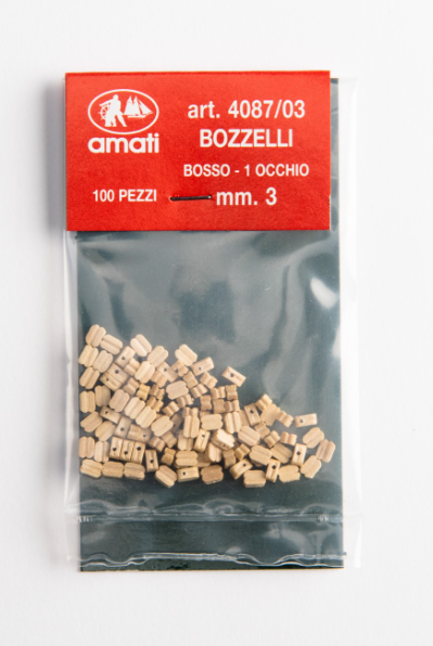 Photo of Amati B4087,03 3mm Boxwood Blocks, featuring 20 high-quality miniatures ideal for precise model ship rigging and detailing.