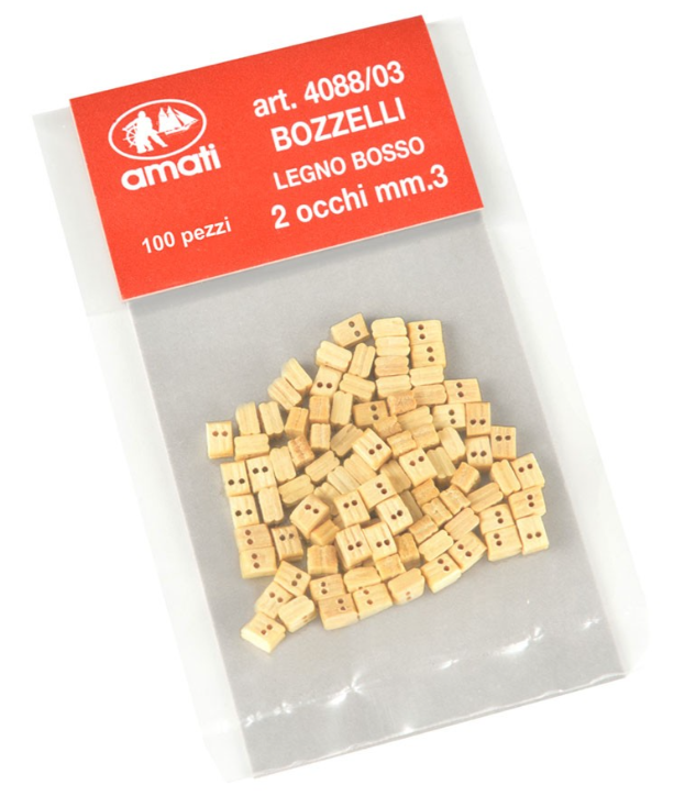 Photo of Amati B4088,03 3mm Boxwood Double Blocks, featuring 20 high-quality, finely crafted blocks ideal for detailed model ship rigging and enhancements.