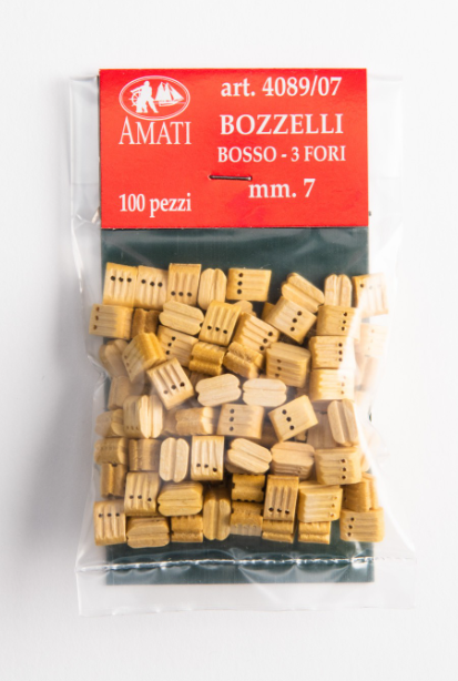 Image of Amati's B4089,07 7mm Boxwood Triple Blocks, showcasing 20 high-quality, finely detailed pieces ideal for complex model ship rigging systems.