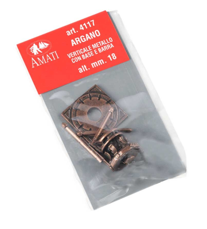 Photo of Amati B4117 18mm Metal Windlass, showcasing a detailed and authentic metal piece designed for adding realistic, historical charm to model ship decks.