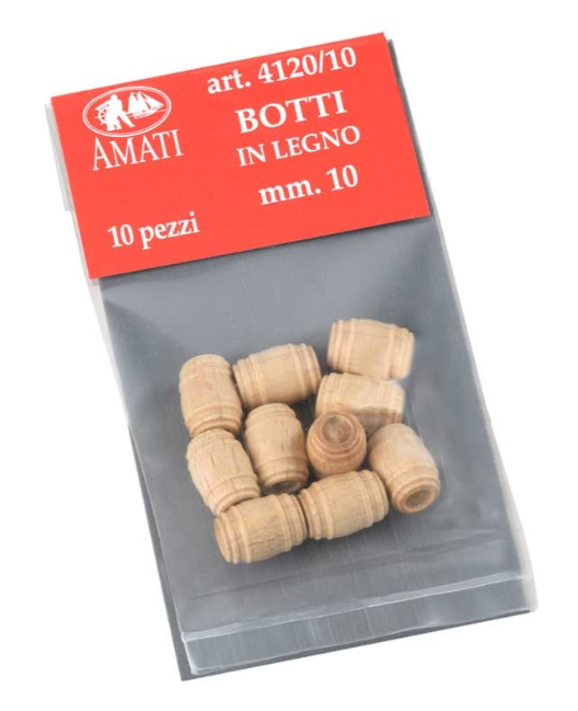 Image of Amati B4120,10 10mm Wooden Casks, showcasing finely turned miniature barrels, ideal for adding authentic and detailed elements to model ship scenes and dioramas.