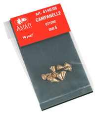 mage of Amati B4140,06 6mm Brass Bells, showcasing their intricate design and shiny brass finish, perfect for adding detailed, authentic touches to model ships and maritime dioramas.