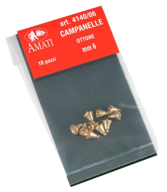 mage of Amati B4140,06 6mm Brass Bells, showcasing their intricate design and shiny brass finish, perfect for adding detailed, authentic touches to model ships and maritime dioramas.
