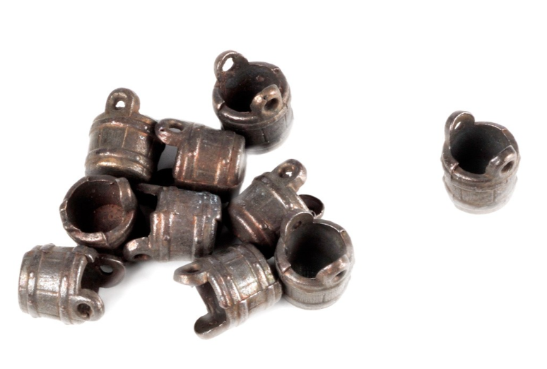 Image of Amati B4144,05 6mm Metal Buckets, showcasing small, finely crafted metal buckets without handles, perfect for adding detailed elements to scale models and dioramas.