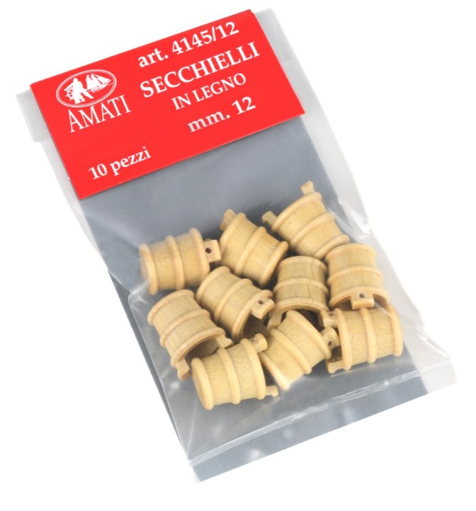 Image of Amati B4145,12 12mm Wooden Buckets, showcasing detailed craftsmanship suitable for enhancing model ships and dioramas with realistic miniature accessories.