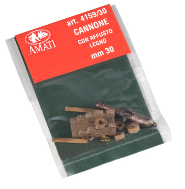 Photo of AMATI B4159,30 30mm Cannons with Wooden Carriages, showing finely detailed naval artillery pieces ideal for enhancing historical model ships.