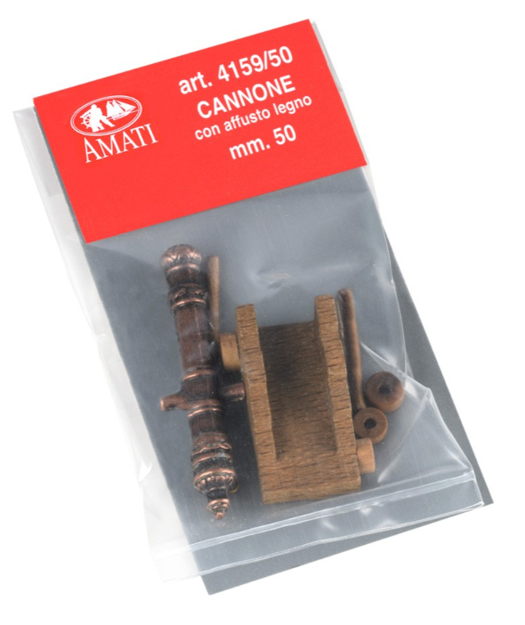 Image of Amati B4159,50 50mm Cannon with Wooden Carriage, showcasing a historically accurate model with detailed craftsmanship, ideal for model ships and historical dioramas.