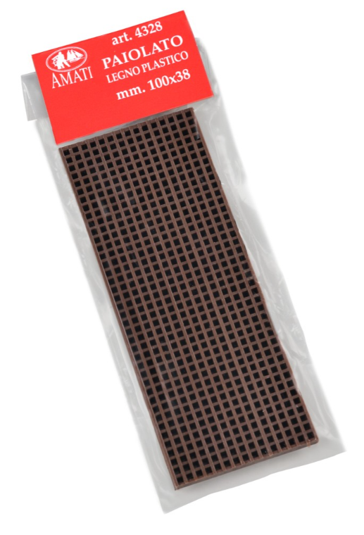 Image of Amati B4328 Plastic Wood Grating, measuring 100x38mm, showcasing a realistic wood-like texture and design, perfect for enhancing the decks of model ships.