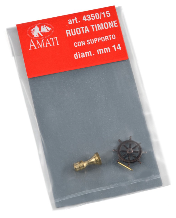 Image of AMATI B4350,15 14mm Metal Steering Wheels with Support, showcasing their detailed metal construction and authentic design, perfect for model ship enhancements.