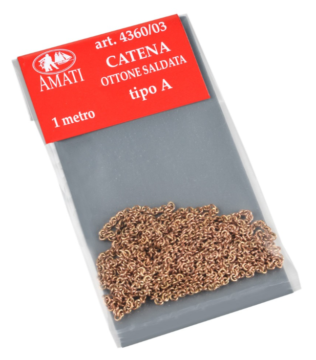 Photo of AMATI B4360,03 Brass Chain Type A, showing the finely crafted 1mm thick brass chain, ideal for adding detailed and authentic elements to scale models and dioramas.
