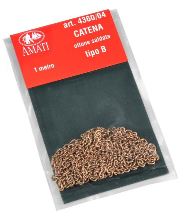 Photo of AMATI B4360,04 Brass Chain Type B, featuring a 1mm thick, 1-meter-long brass chain, perfect for intricate detailing in model shipbuilding and miniature projects.