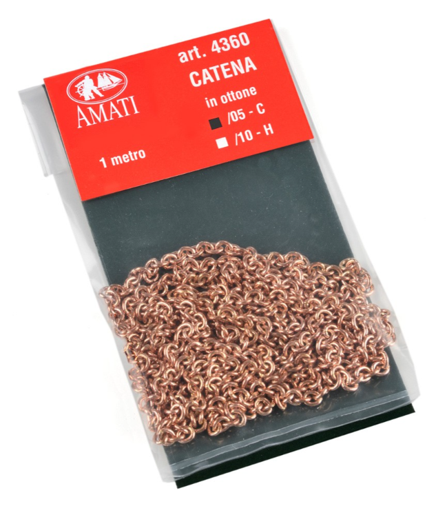 Image of AMATI B4360,05 Brass Chain Type C, featuring a 1mm link size and 1-meter length, ideal for adding intricate details and authenticity to model ships and miniature projects.