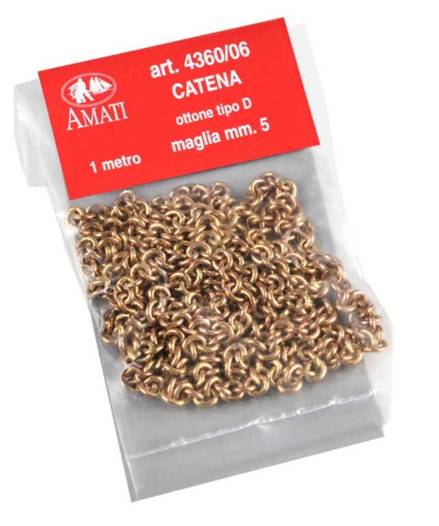 Image of Amati B4360,06 Brass Chain Type D, featuring a 5mm link size and 1m length, ideal for detailed model ship rigging, dioramas, and decorative crafts.