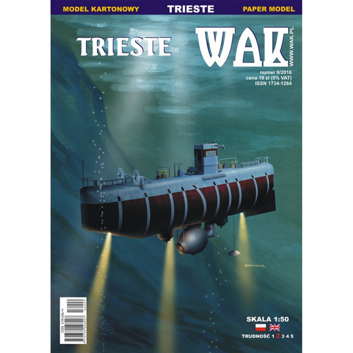 Image of TRIESTE 1:50 Scale Card Model Kit by WAK Publishing, showcasing the detailed cardstock components and historical design of the famous deep-sea exploration vessel.