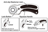 Photo of OLFA Deluxe Ergonomic Rotary Cutter 45mm (OLF/RTY2DX) with a curved ergonomic handle, rubber grip, and safety trigger mechanism.