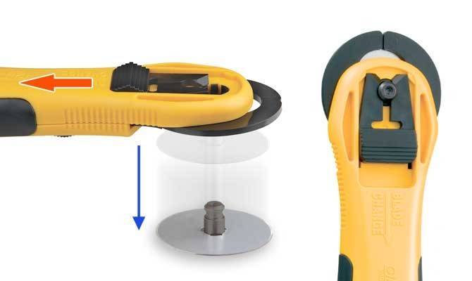 Photo of OLFA Quick-Change Advanced Rotary Cutter 45mm with ergonomic handle and safety blade guard.