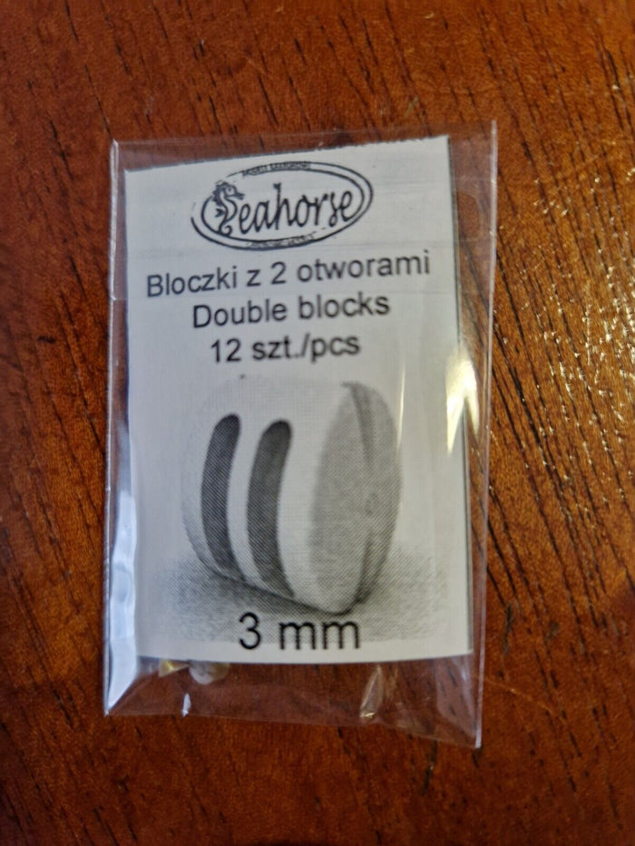 Photo of Seahorse's 12pcs 3mm Double Block, 3D printed with high precision, showcasing their intricate design ideal for detailed model shipbuilding.